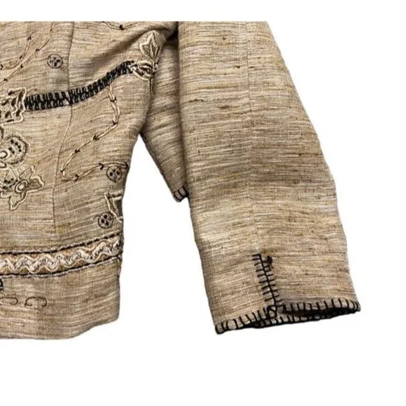 Coldwater Creek Tan Embroidered Floral Western Boho Linen Blazer Jacket Size 10 - Picture 6 of 11